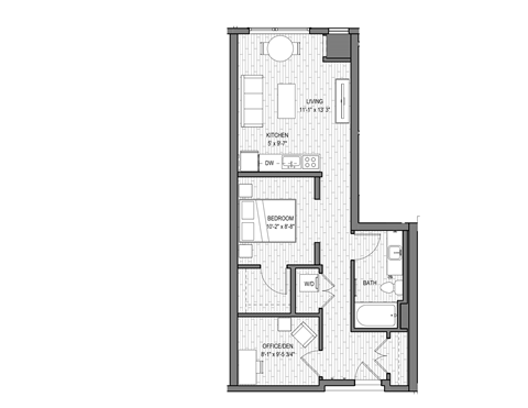 Floor plan for 1 bed, 1 bath, 692 sqft